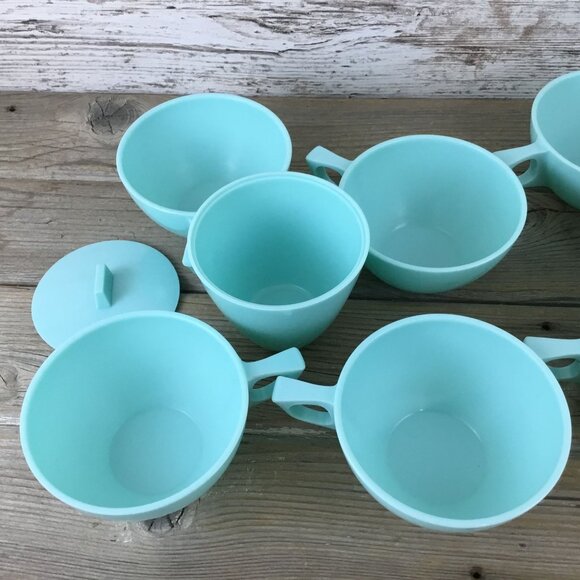 8 Coffee Cups Sun Valley Melmac Aqua Turquoise & Creamer Sugar Bowl Lid Vintage - Picture 4 of 9